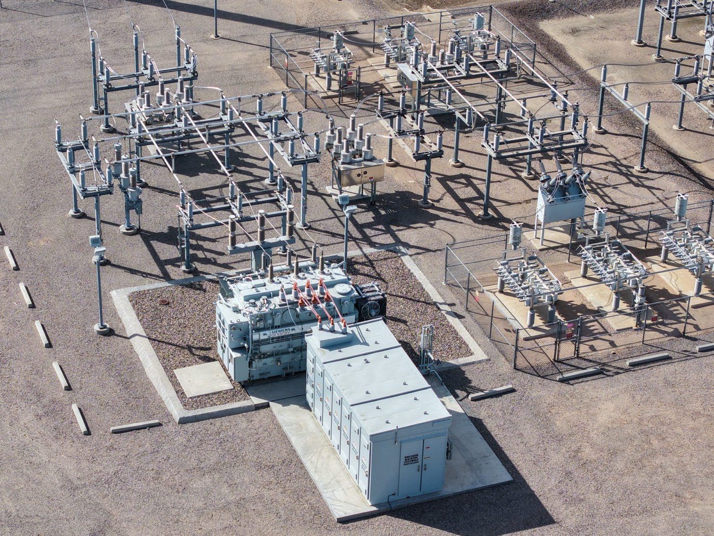 Aerial view of a distribution substation with transformer and switchgear